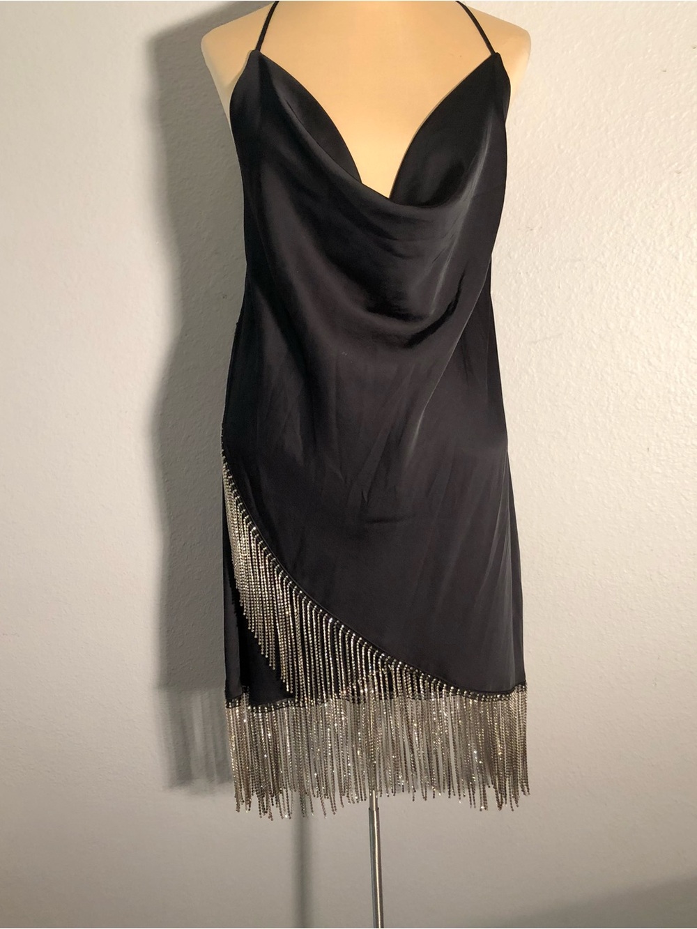 H&M Rhinestone-Embellished Fringe Slip Dress Black Sz L EUC LBD Homecoming HoCo